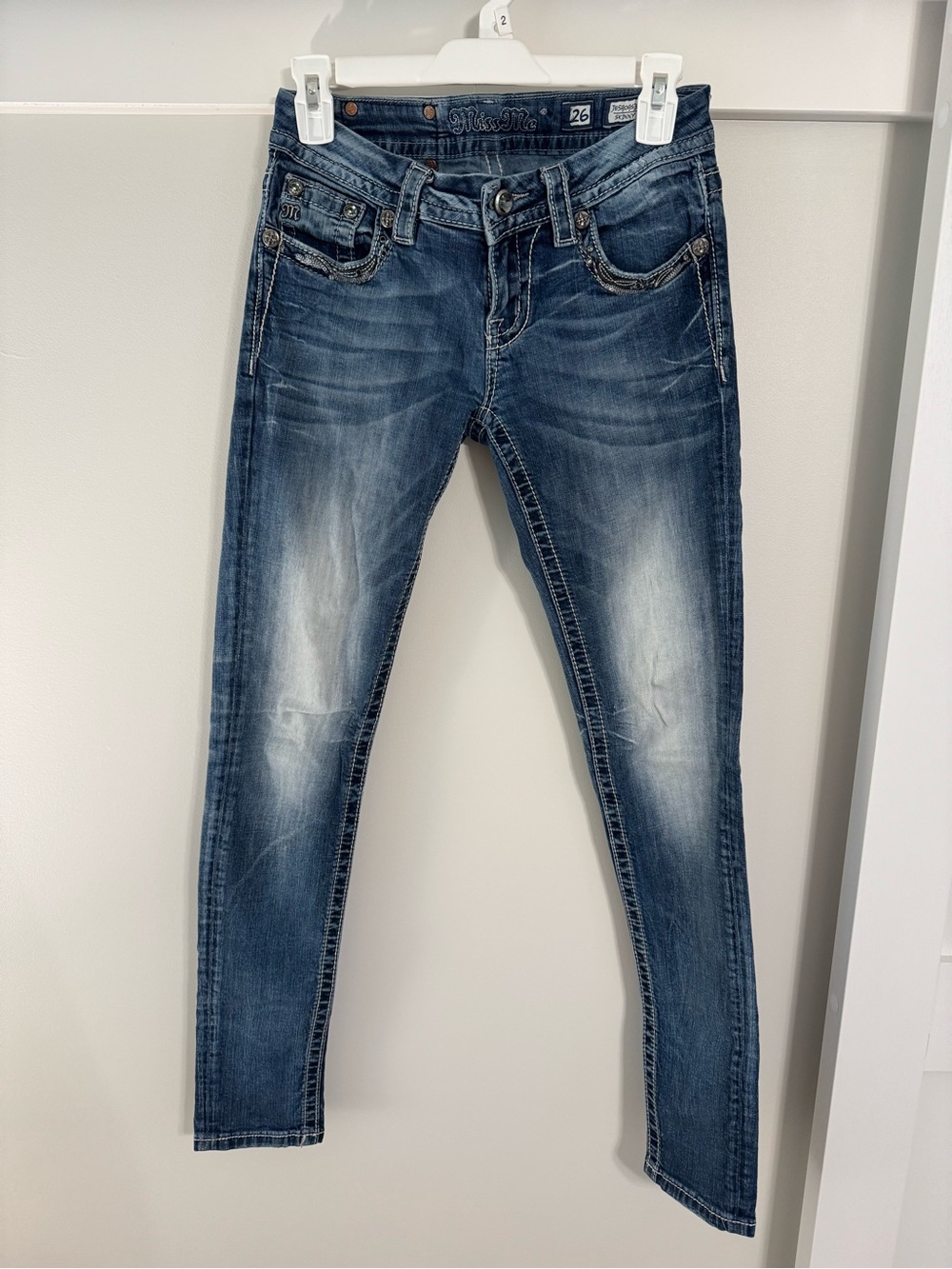 Miss Me Dark Wash Skinny Jeans with Faded Whiskering